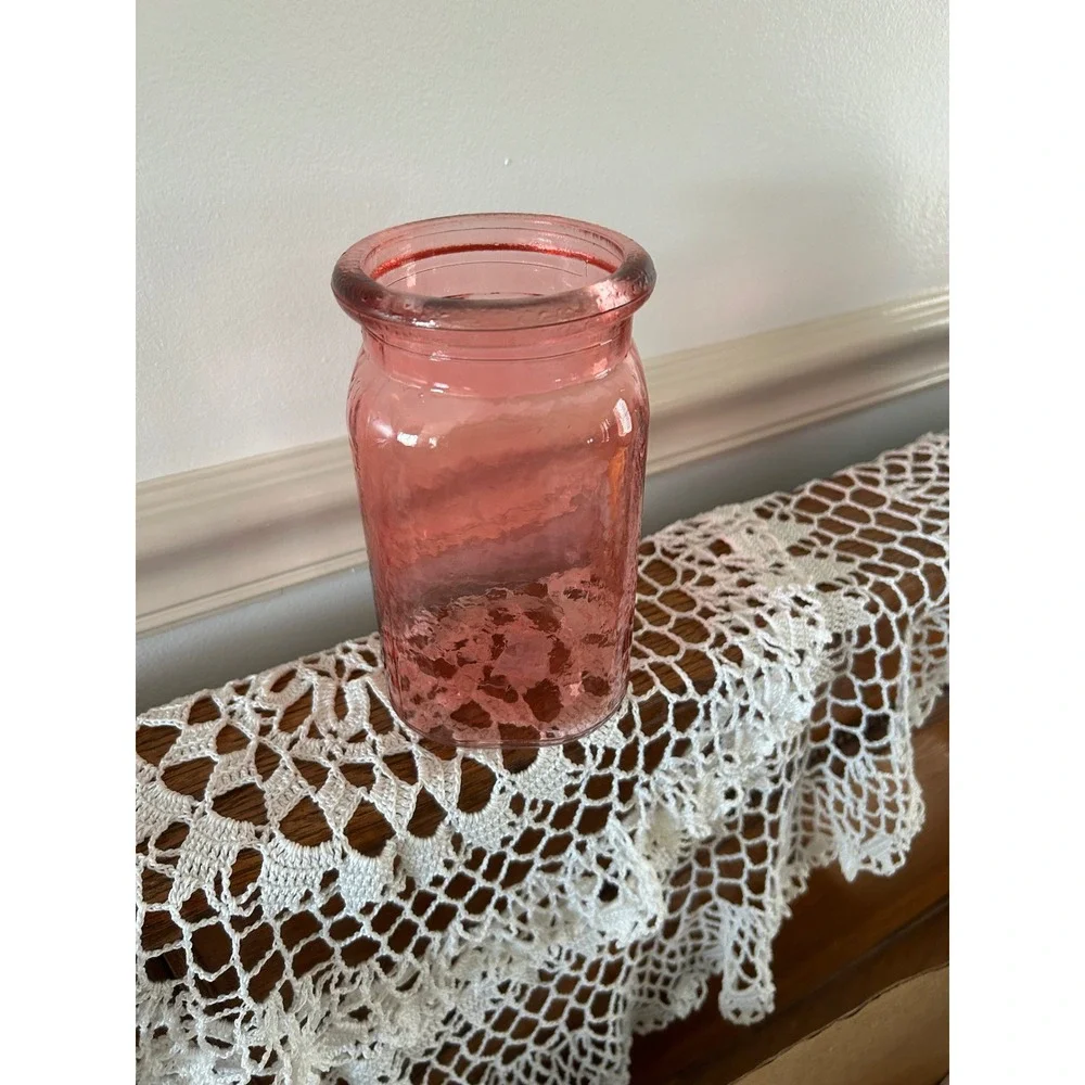 Vintage Pink Hammered Glass Jar Vase Rosy Dimpled Texture Decorative Canister